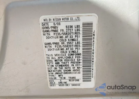 2009 Nissan Murano Le from USA, damaged, VIN JN8AZ18W59W214120